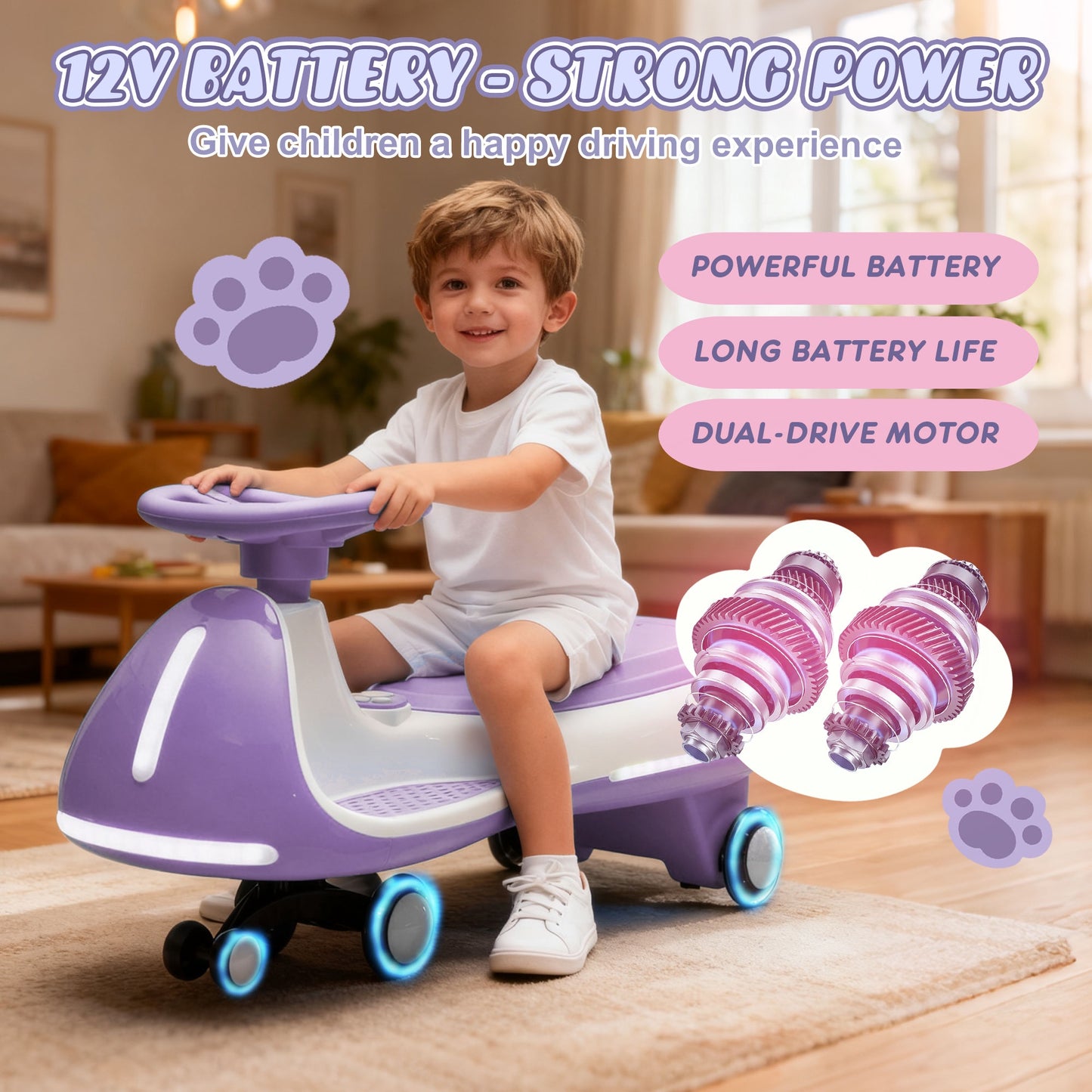 12V Electric Wiggle Car, Powered Ride on Toys for Kids with Flashing PU Wheels, Bluetooth Music, 2-in-1 Swing Car Kids Electric Vehicles for Boys Girls Ages 3+, Purple