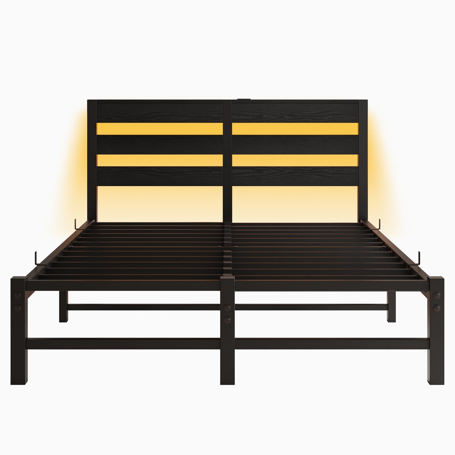 iRerts Full Bed Frame with Headboard, Metal Platform Bed Frame Full Size with USB Charging Station, LED Lights, Steel Slats, LED Bed Frame No Box Spring Needed for Bedroom Furniture, Black