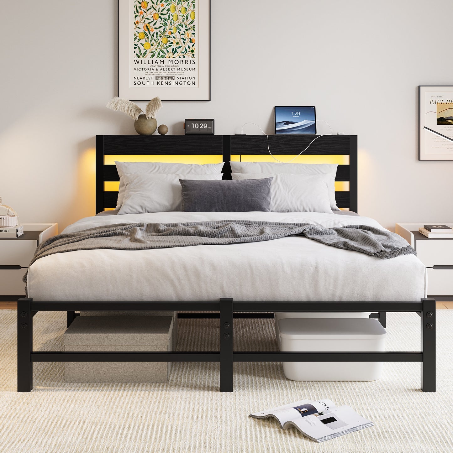 iRerts Queen Bed Frame with Headboard, Metal Platform Bed Frame Queen Size with USB Charging Station, LED Lights, Steel Slats, LED Bed Frame No Box Spring Needed for Bedroom Furniture, Black