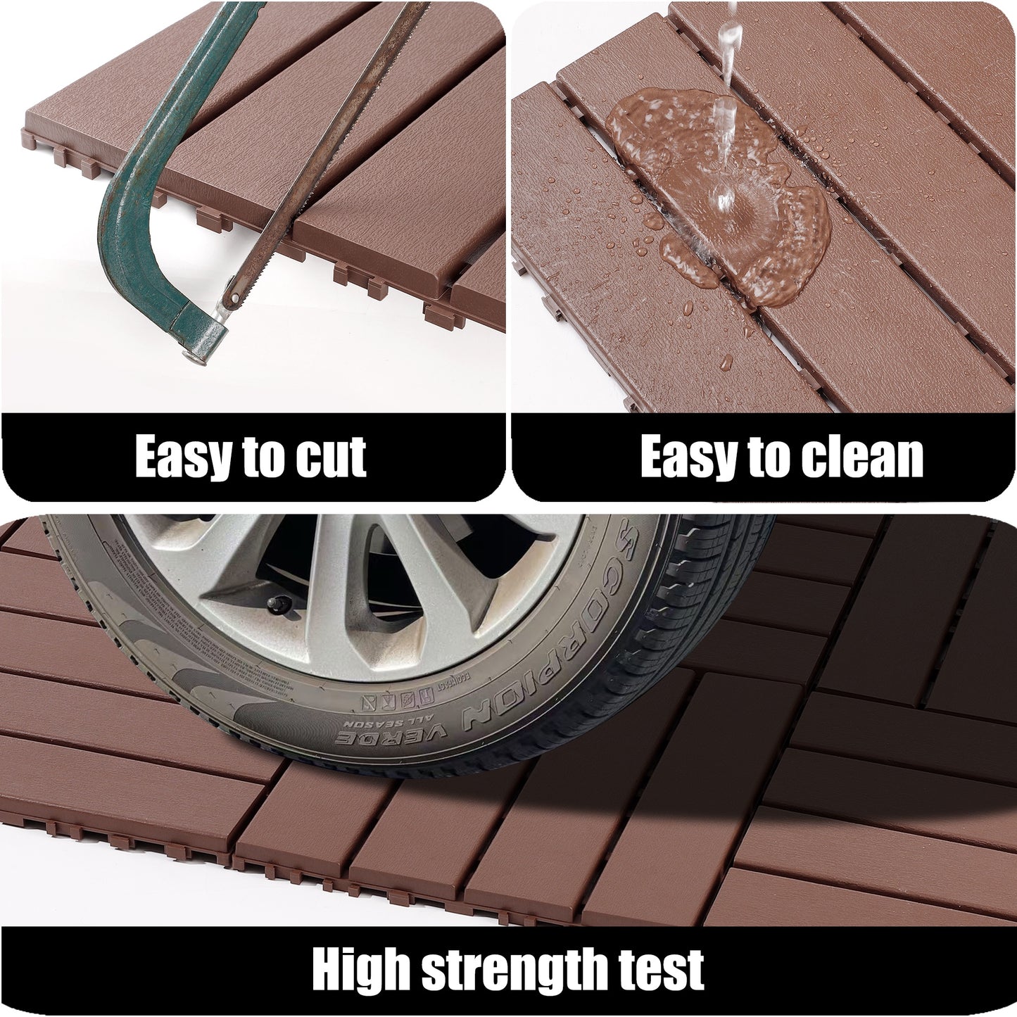 iRerts Plastic Interlocking Deck Tiles, 44 Pack Outdoor Flooring Tiles 12" x 12", All Weather Use, Patio Floor Decking Tiles for Porch Poolside Balcony Backyard, Brown