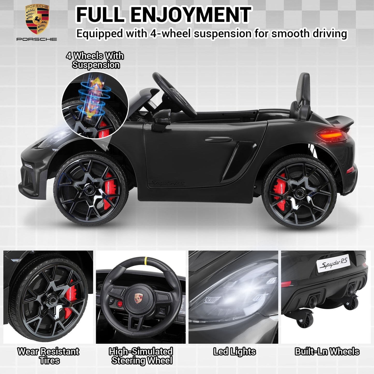 12V Powered Ride On Toys, Licensed Porsche 718 Ride on Car for Kids Boys Girls Christmas Gifts Ages 3-5, Kids Cars Electric Vehicle with Remote Control, Bluetooth, Music, LED Light, 4 Wheeler, Black