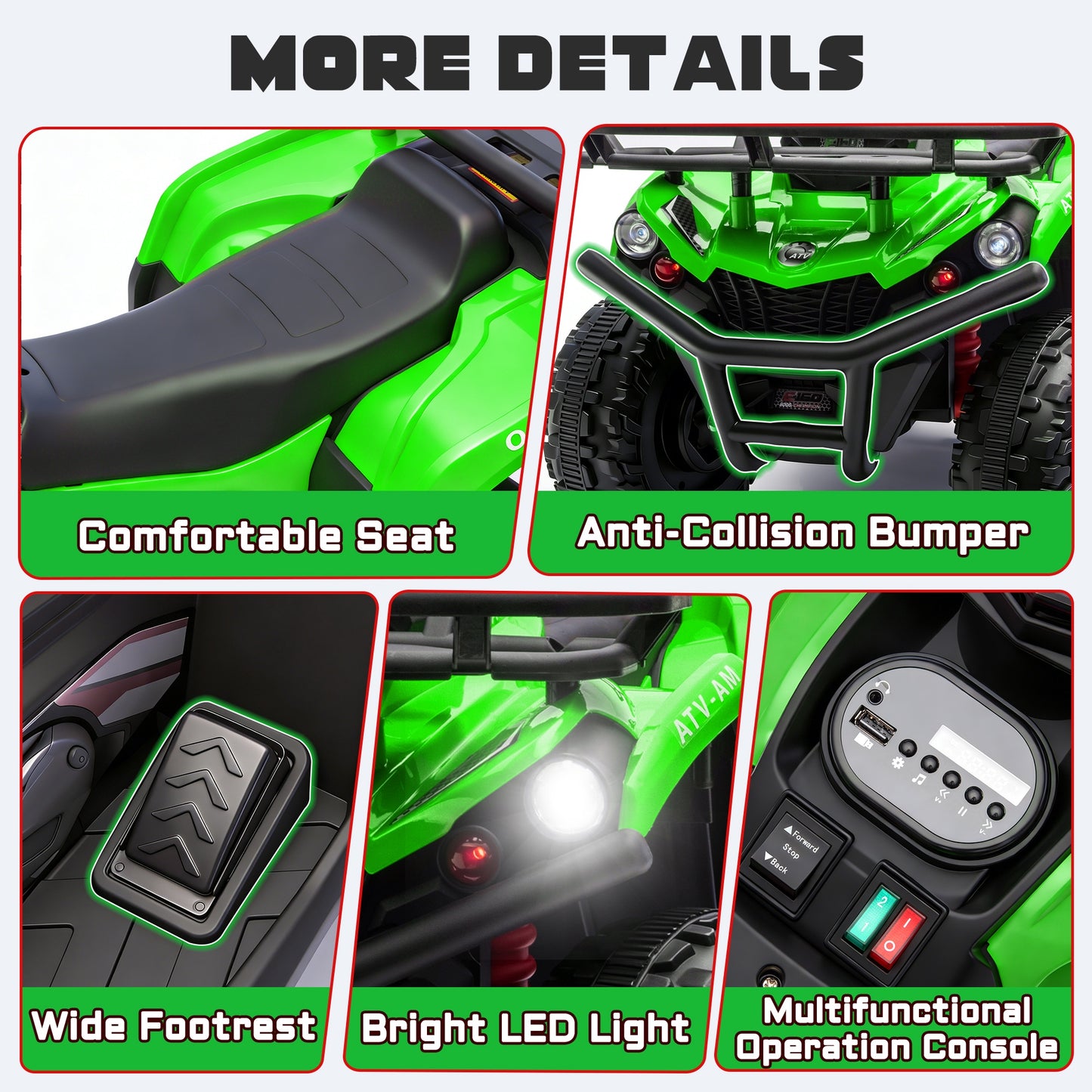 iRerts 24V Ride on ATV, Powered Ride on Toys for Kids Boys Girls Ages 3-5, Kids 4 Wheeler Electric Cars with Bluetooth, Music, LED Headlights, Front Rear Storage Racks, Crash Bars, Green