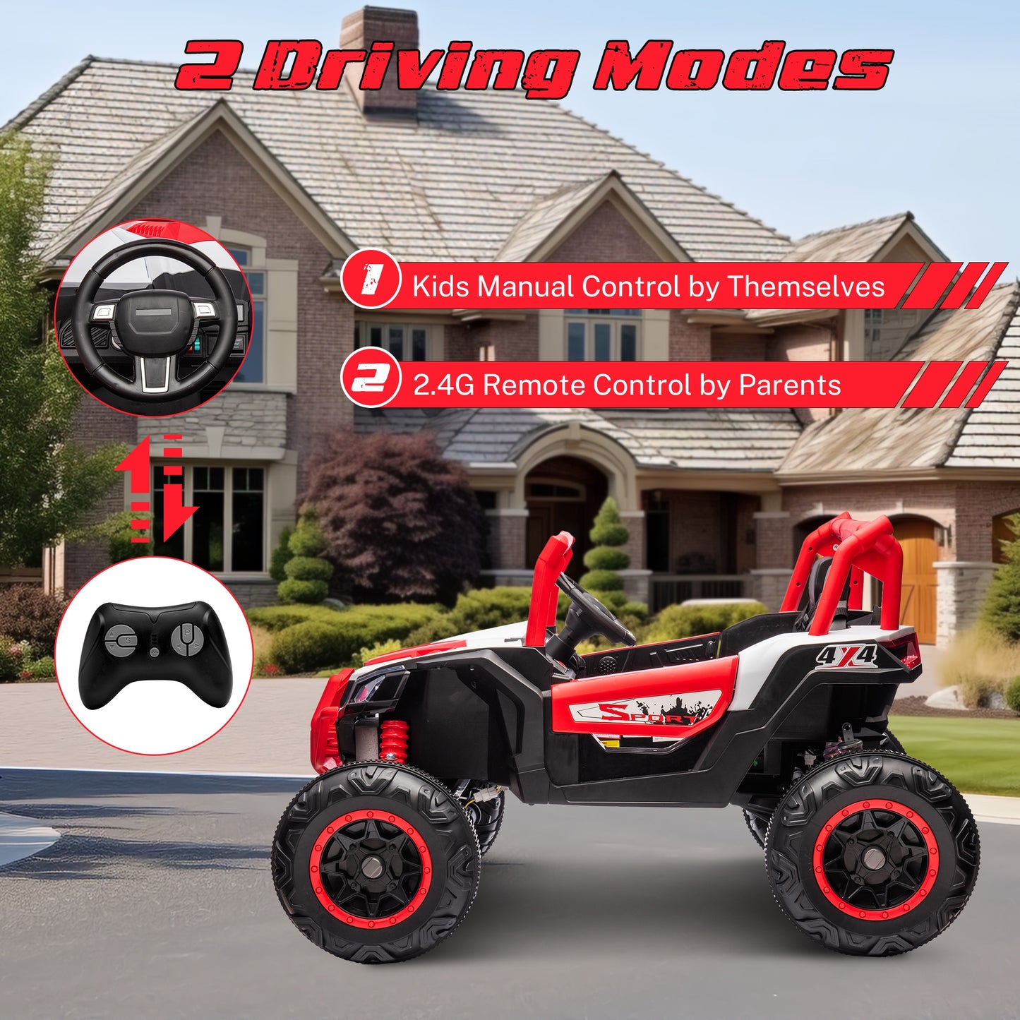 iRerts 24V Ride on UTV Cars 2 Seater, Kids Electric Ride on Toy Car with Remote Control, Music, LED Light, USB, Bluetooth, Kids Electric Vehicle for Christmas Birthday Gifts, Red