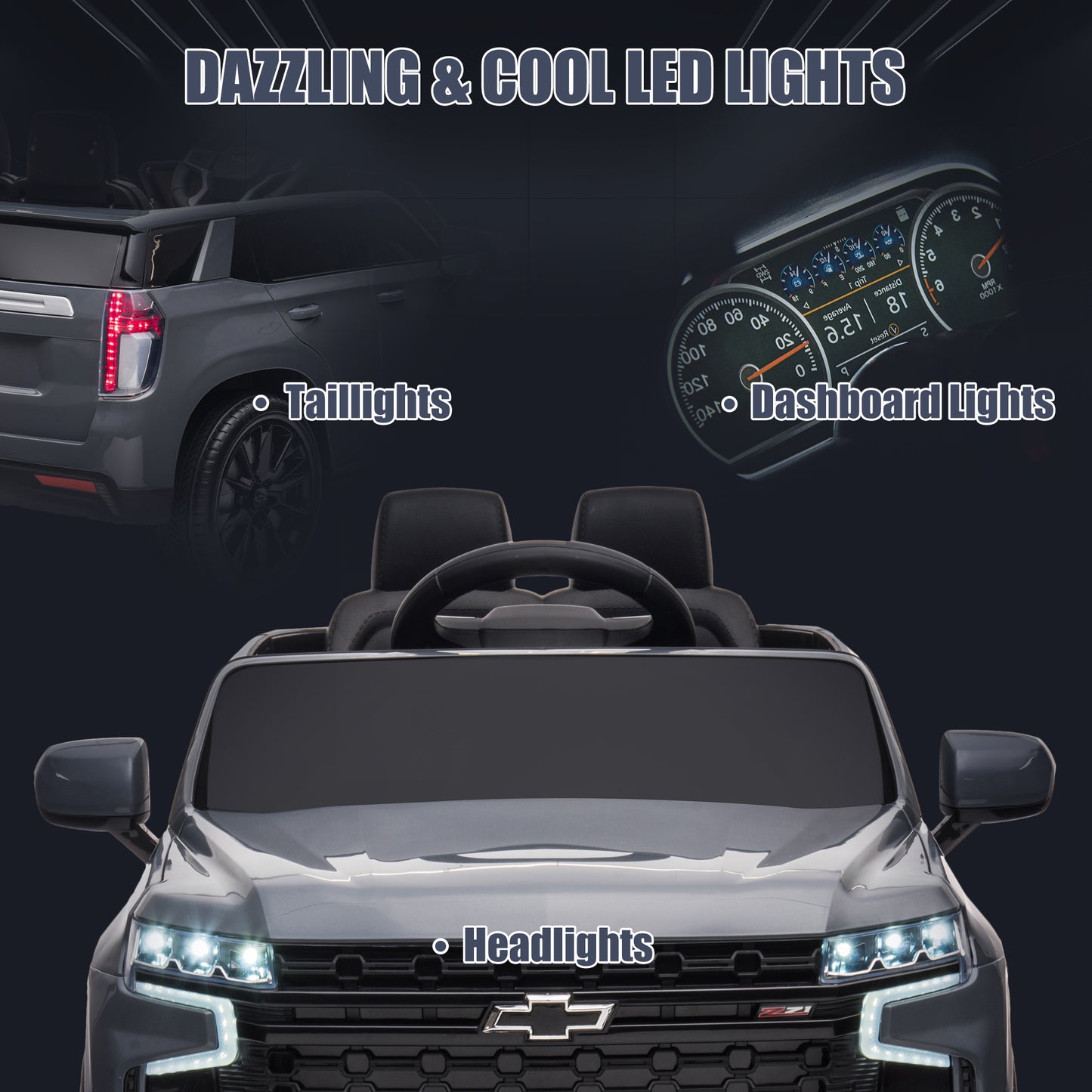 iRerts 12V Ride On Toys with Remote Control, Licensed Chevrolet Tahoe Kids Ride on Cars with Music, LED Lights, MP3/USB/AUX Port, Kids Electric Vehicle for Boys Girls, Gray