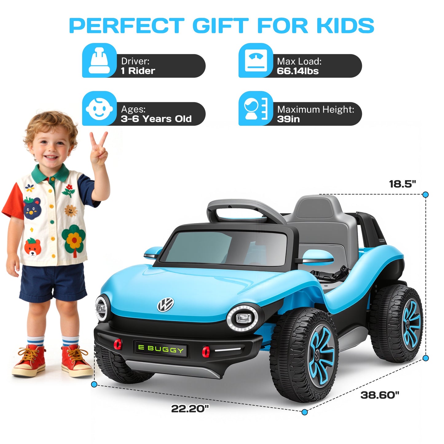 12V Electric Ride on Cars, Licensed Volkswagen Beetle Ride on Toys with Remote Control, Bluetooth, USB Port, Music, Rear Storage, LED Lights, Battery Powered Toddlers Electric Car for Kids Ages 3+