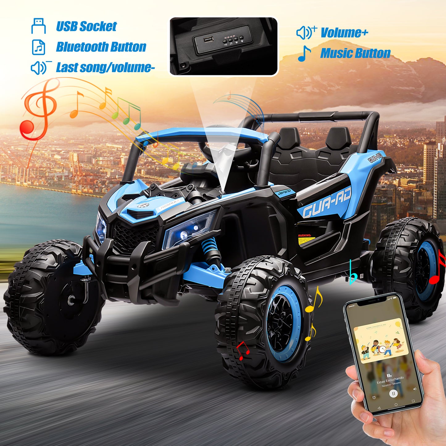 iRerts Blue 24V Battery Powered Ride on UTV Cars for Boys Girls, Kids Ride on Toys with Remote Control, Music, LED Light, USB, Bluetooth, Large Seat Kids Electric Vehicle for Christmas Birthday Gifts