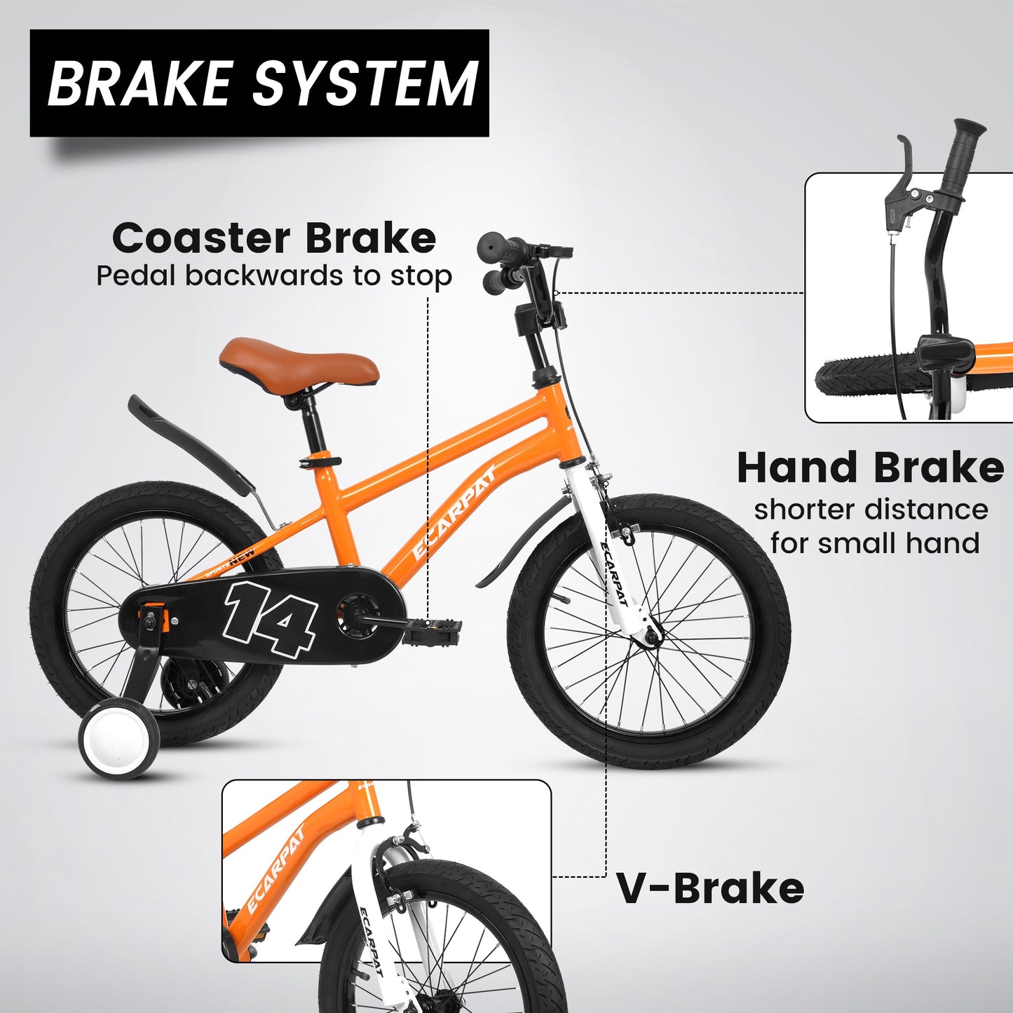 iRerts Kids Bicycles 14 Inch, Freestyle Kids Bike Sport Bicycle for Boys Girls 3-6 Years Old, Girls Boys Bicycles with Training Wheels, Fender, Orange