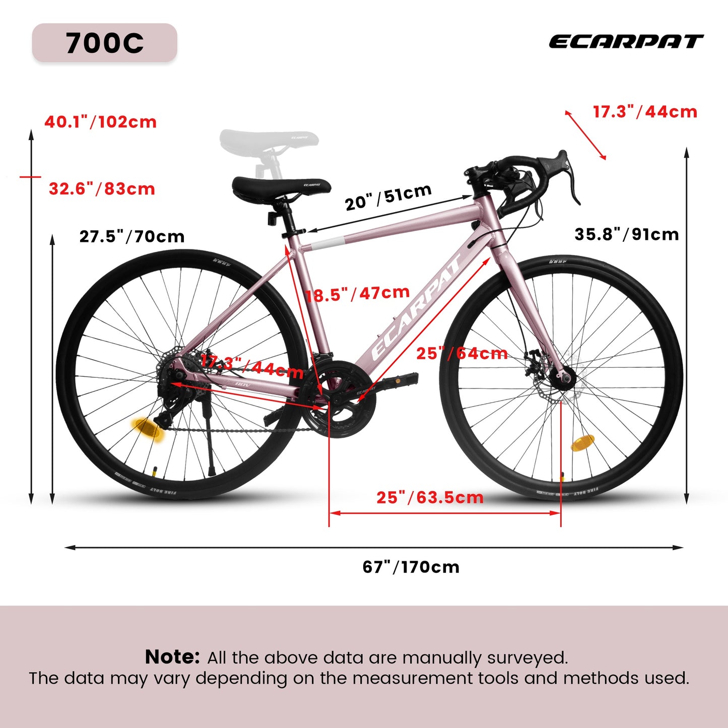 iRerts 700C Road Bike, 16 Speed Outdoor Bike for Men Women, Road Commuter Bike with Disc Brakes, Aluminum Frame, Lightweight Racing Bike Adult Bicycle M Size, Pink