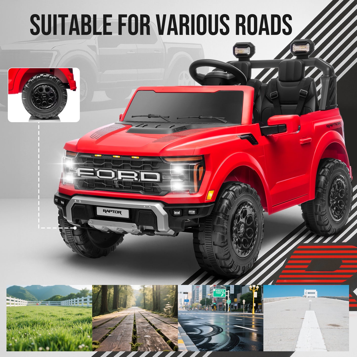 iRerts 24V Ride on Toys for Big Kids, Licensed Ford F 150 Raptor 2 Seater Ride on Cars with Remote Control, Bluetooth, FM Radio, LED Lights, 4 Wheels Suspension, Electric Car for Kids Ages 3-8, Red
