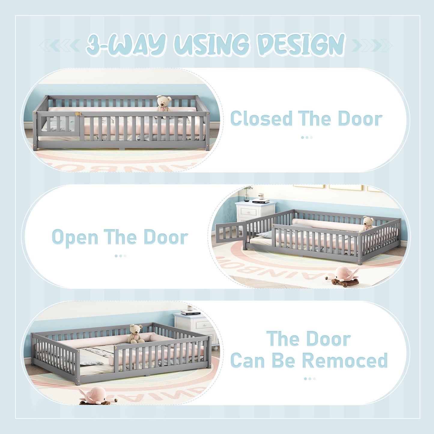 iRerts Full Floor Bed Frame for Toddlers Kids, Wood Full Montessori Bed Frame with Slats, Fence, Door, Kids Montessori Bed Full Size, Full Toddler Bed Frame for Boys Girls, Gray
