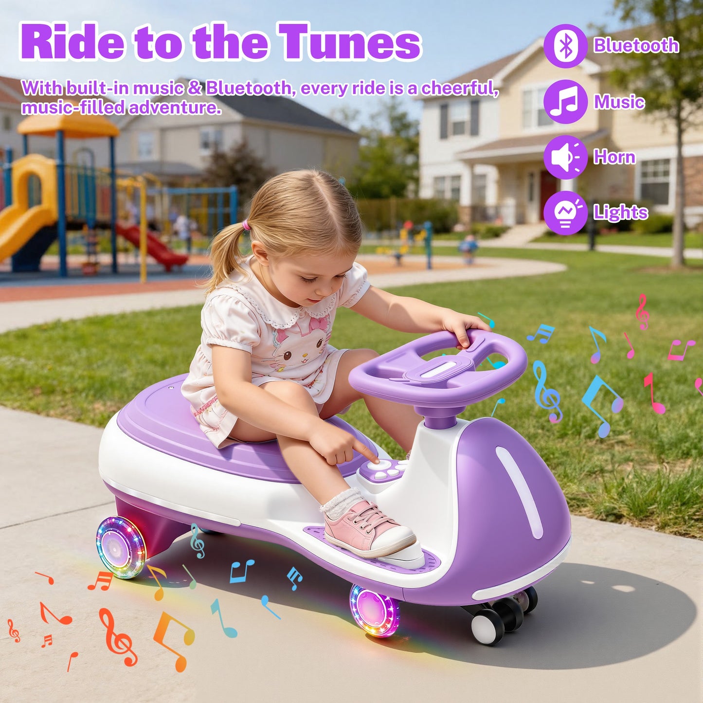 iRerts 12V Ride on Toys, Electric Ride on Wiggle Car with Pedal, 2 in 1 Swing Car Kids Wiggle Car for Toddlers Ages 3+, Kids Cars with Flashing PU Wheels, Bluetooth Music, 5MPH Max Speed, Purple