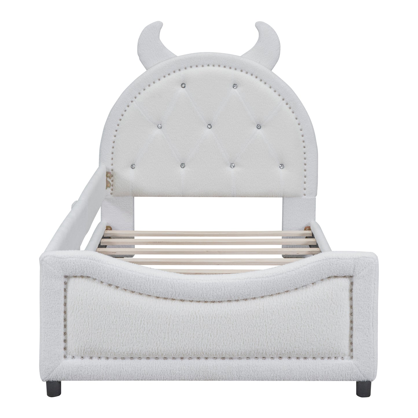 iRerts Twin Size Upholstered Daybed Frame for Kids, Teddy Fleece Twin Platform Bed Frame with OX Hor Shaped Headboard and Footboard, Wood Twin Size Sofa Bed for Girls Boys, White
