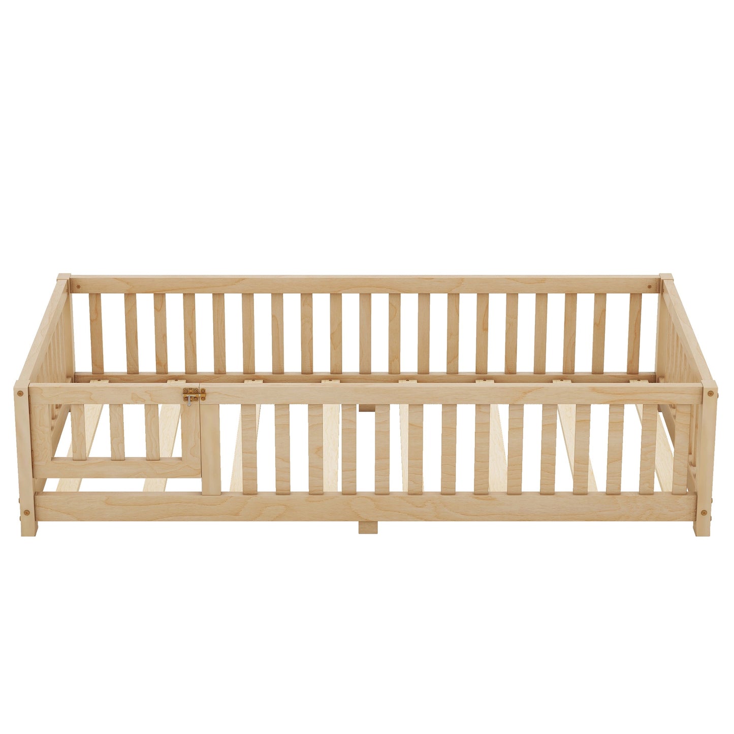 iRerts Twin Floor Bed Frame for Toddlers Kids, Wood Twin Montessori Bed Frame with Slats, Fence, Door, Kids Montessori Bed Twin Size, Twin Toddler Bed Frame for Boys Girls, Natural