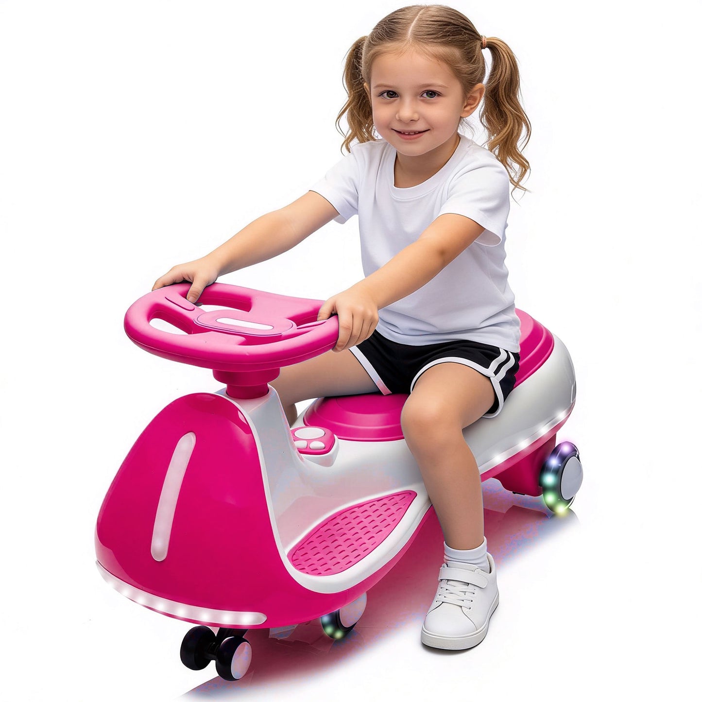 12V Electric Wiggle Car, Powered Ride on Toys for Kids with Flashing PU Wheels, Bluetooth Music, 2-in-1 Swing Car Kids Electric Vehicles for Boys Girls Ages 3+, Rose Red