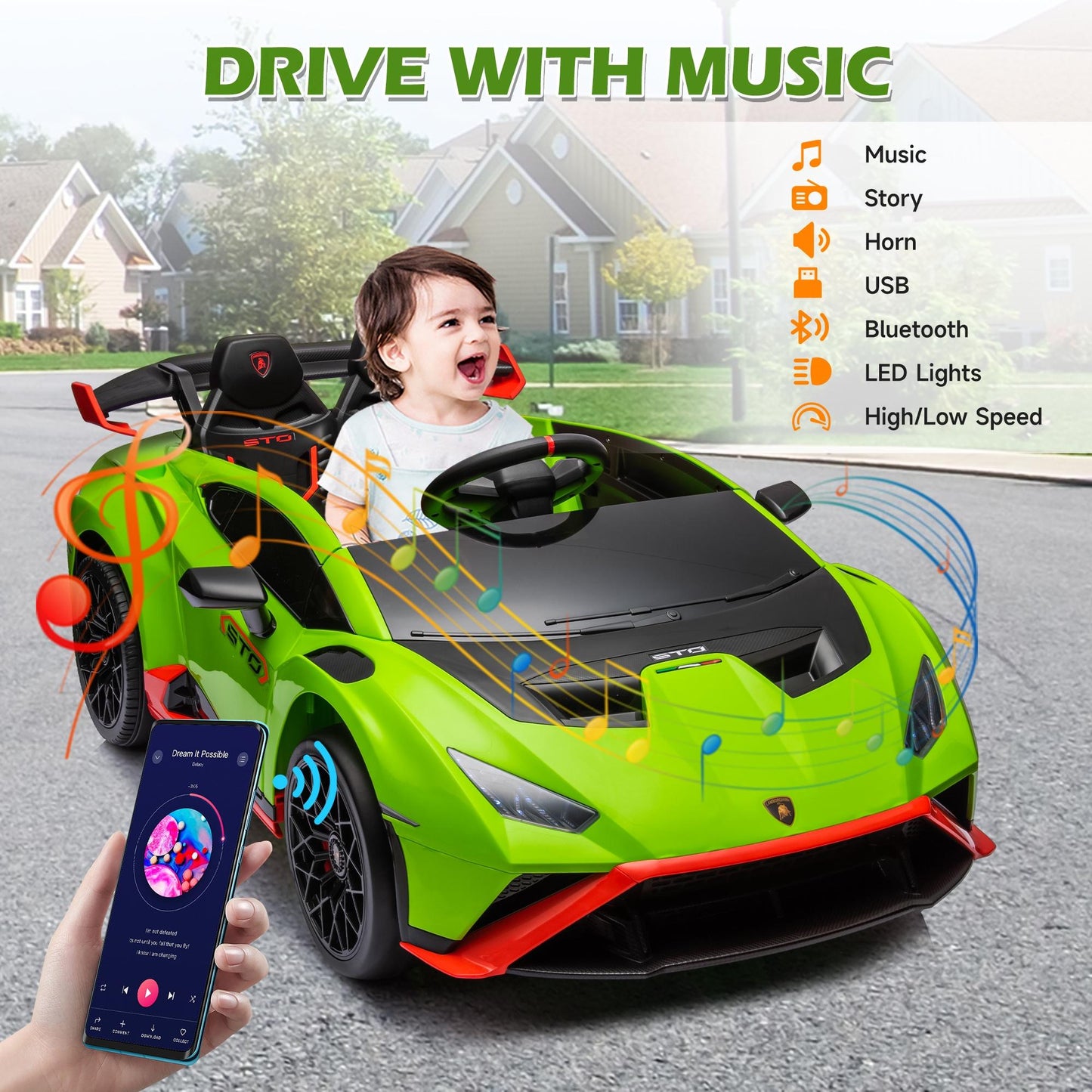 iRerts Green 24V Lamborghini Ride on Cars with Remote Control, Battery Powered Kids Ride on Toys for Boys Girls 3-8 Ages, 4 Wheels Electric Cars for Kids with Bluetooth/Music/USB Port/LED Lights