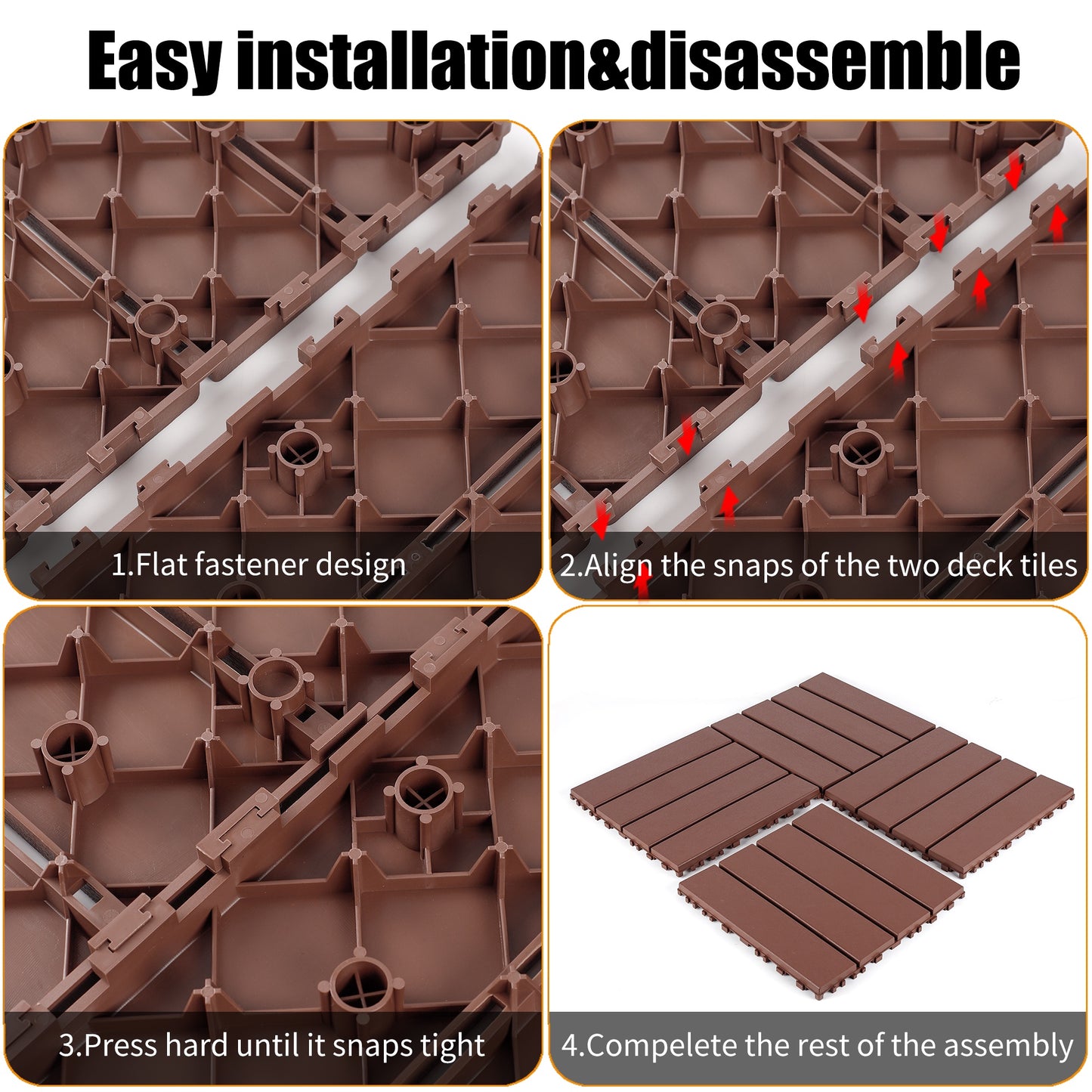 iRerts Plastic Interlocking Deck Tiles, 44 Pack Outdoor Flooring Tiles 12" x 12", All Weather Use, Patio Floor Decking Tiles for Porch Poolside Balcony Backyard, Brown