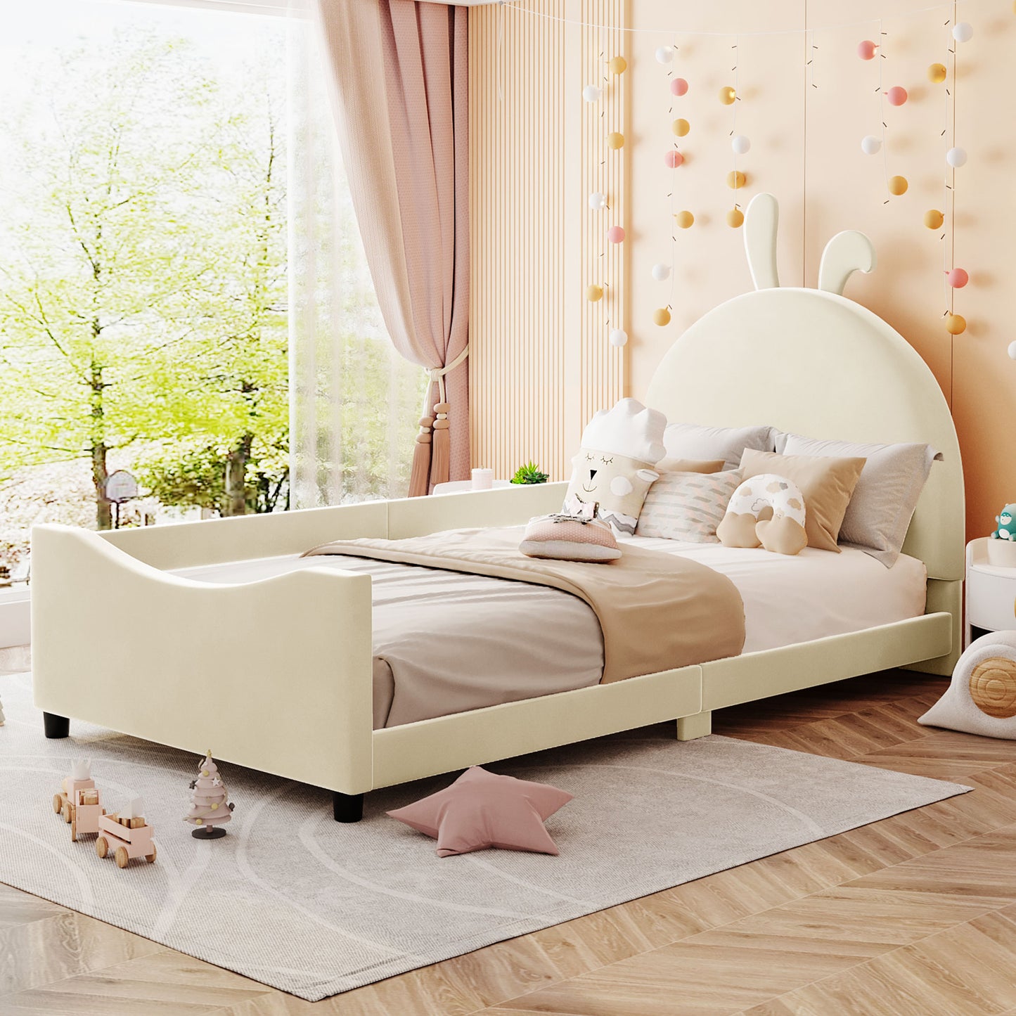iRerts Upholstered Twin Daybed Frame for Kids, Velvet Twin Platform Bed Frame with Rabbit Ear Shaped Headboard and Footboard, Wood Twin Size Sofa Bed for Girls Boys, Beige