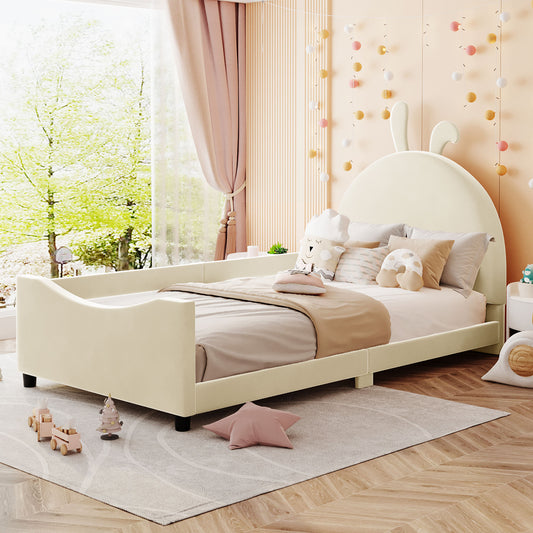 iRerts Upholstered Twin Daybed Frame for Kids, Velvet Twin Platform Bed Frame with Rabbit Ear Shaped Headboard and Footboard, Wood Twin Size Sofa Bed for Girls Boys, Beige