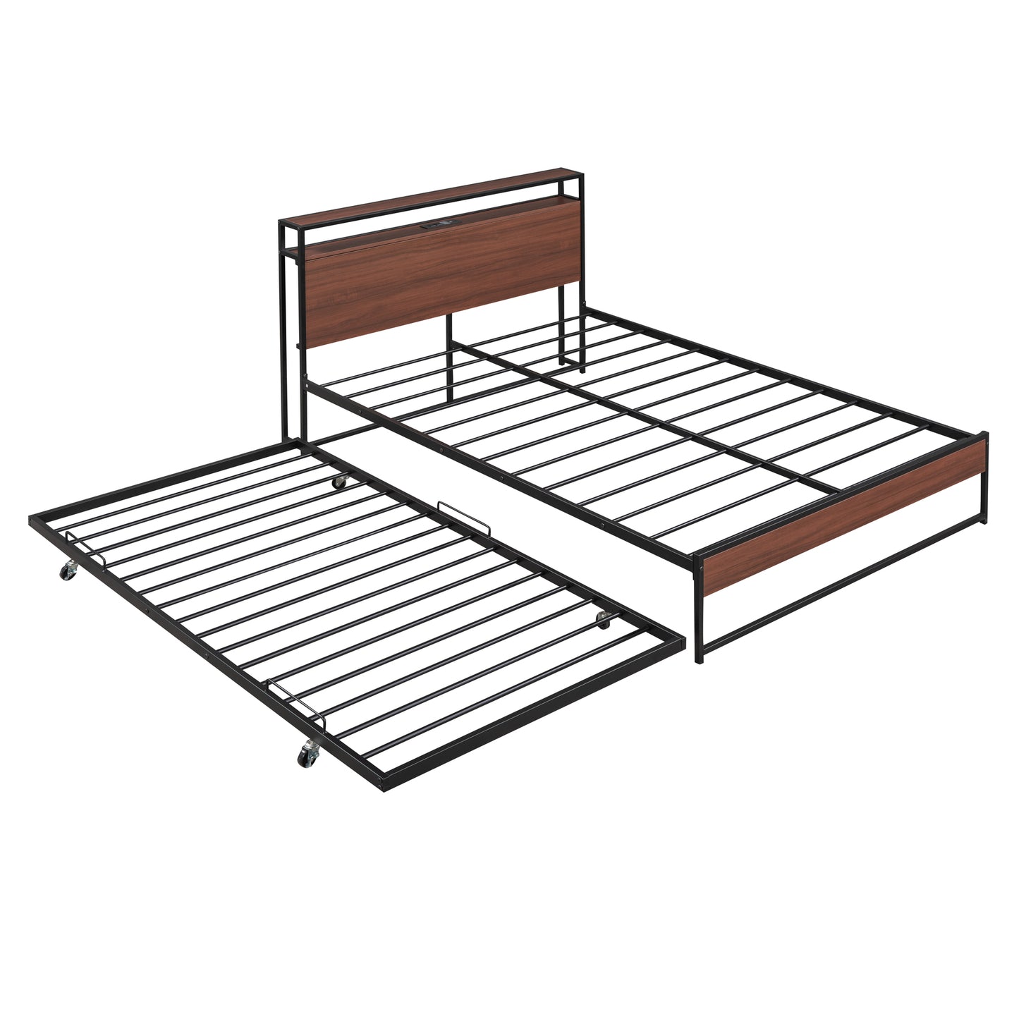 Full Size Metal Platform Bed Frame with Twin Size Trundle, Full Size Bed Frame with Storage Headboard, Outlet/USB Ports, Steel Slat Support, Full Bed Frame No Box Spring Needed for Bedroom, Black