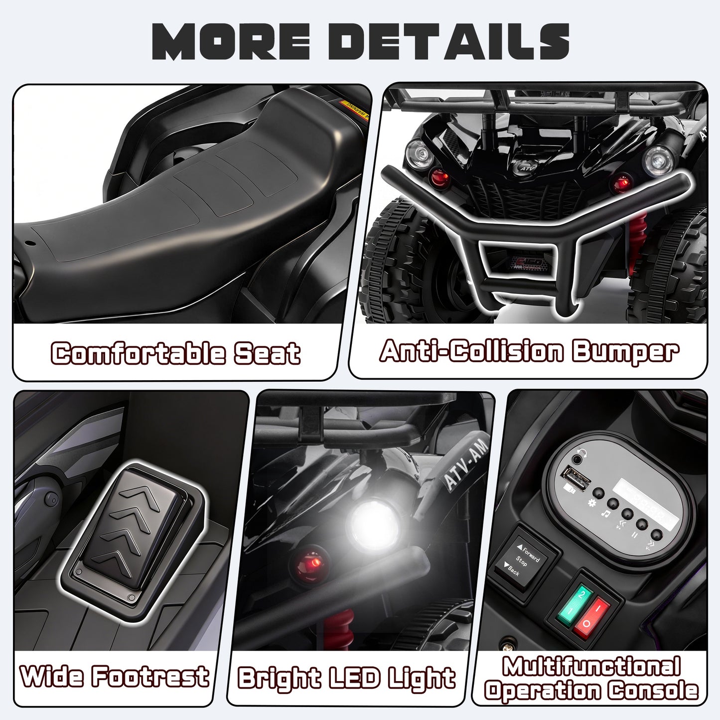 iRerts 24V Ride on ATV, Powered Ride on Toys for Kids Boys Girls Ages 3-5, Kids 4 Wheeler Electric Cars with Bluetooth, Music, LED Headlights, Front Rear Storage Racks, Crash Bars, Black
