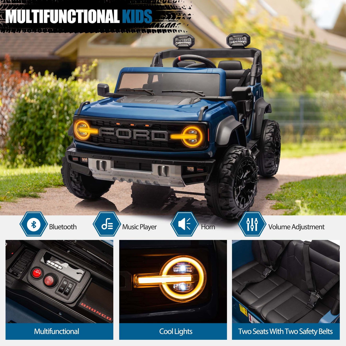 Ford Bronco Raptor 24V Ride on Toys, 2 Seater Ride on Cars with Remote Control, Bluetooth Music, Spring Suspension, Battery Powered Electric Car for Kids Ages 3-8, Blue