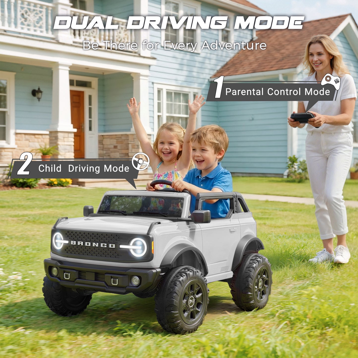 iRerts 2 Seater Ride on Cars, Licensed Ford Bronco Base 24V Ride on Toys for Big Kids Ages 3-8, Powered Kids Car Electric Vehicle with Remote Control, Bluetooth, LED Lights, 4 Wheel Suspension, White