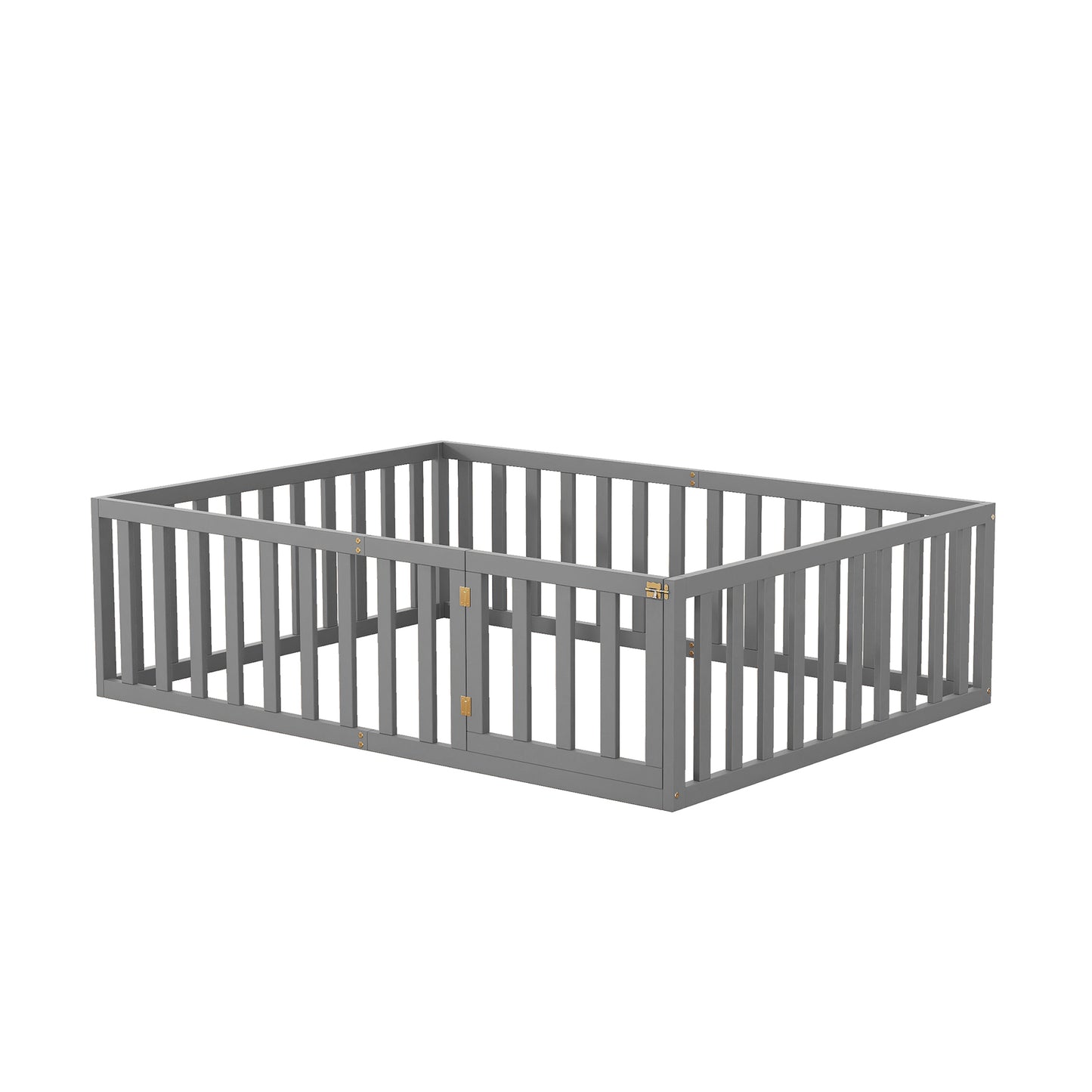 iRerts Full Floor Bed Frame for Kids Toddlers, Wood Montessori Low Floor Full Size Bed Frame with Fence Guardrail and Door, kids Full Bed for Boys Girls, Spring Needed, Gray