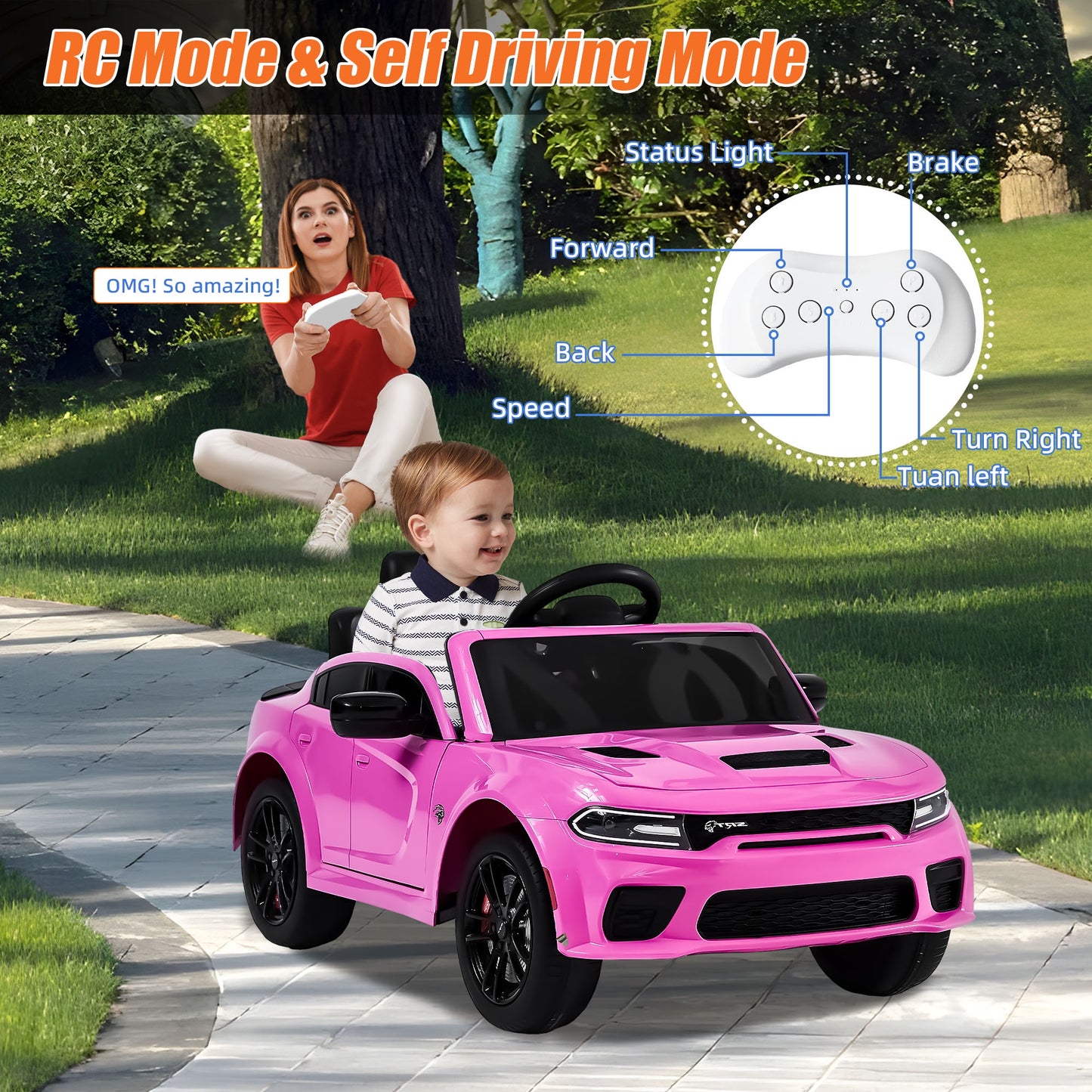12V Dodge Charger Ride on Car with Remote Control Electric Vehicle for Boys and Girls Kids Ride on Toy for 3-6 Years Old, Power Ride on Truck, Bluetooth, LED light, Four wheel suspension