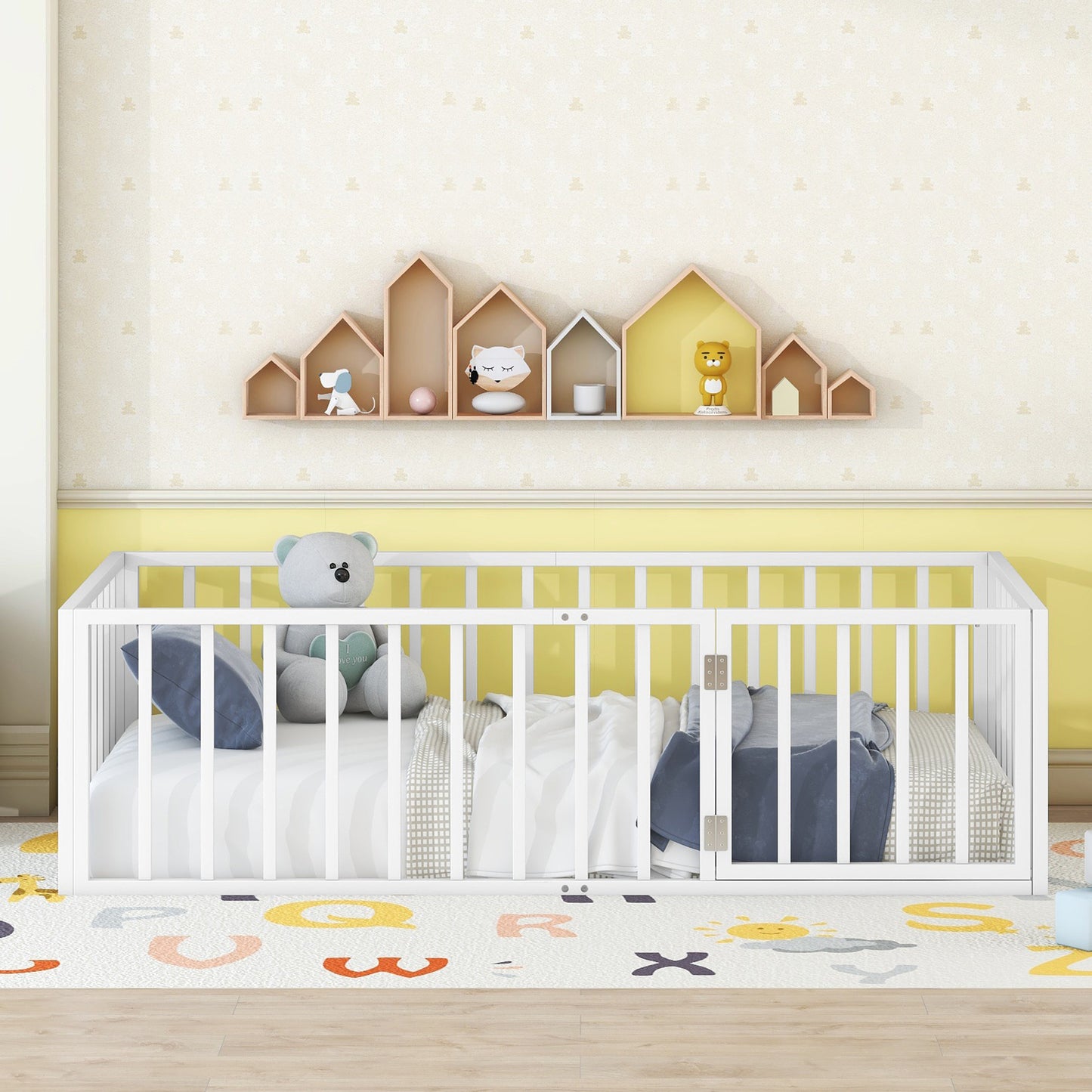 iRerts Twin Floor Bed Frame, Metal Twin Size Montessori Floor Bed Frame with Fence and Door, Kids Toddler Floor Bed Frame Twin Size for Girls Boys, Twin Bed Frame without Bed Slats, White