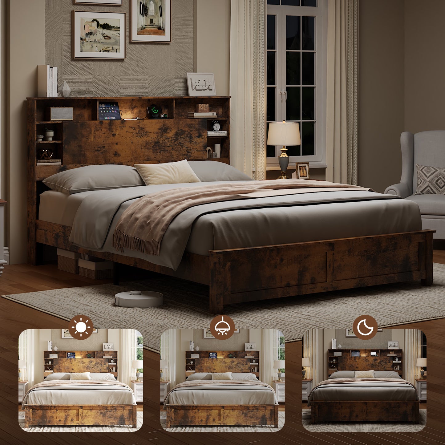 iRerts Wood Queen Platform Bed Frame, Queen Bed Frame with Storage Headboard, Charging Station, LED Lights, Queen Bed Frame No Box Spring Needed, Dark Brown