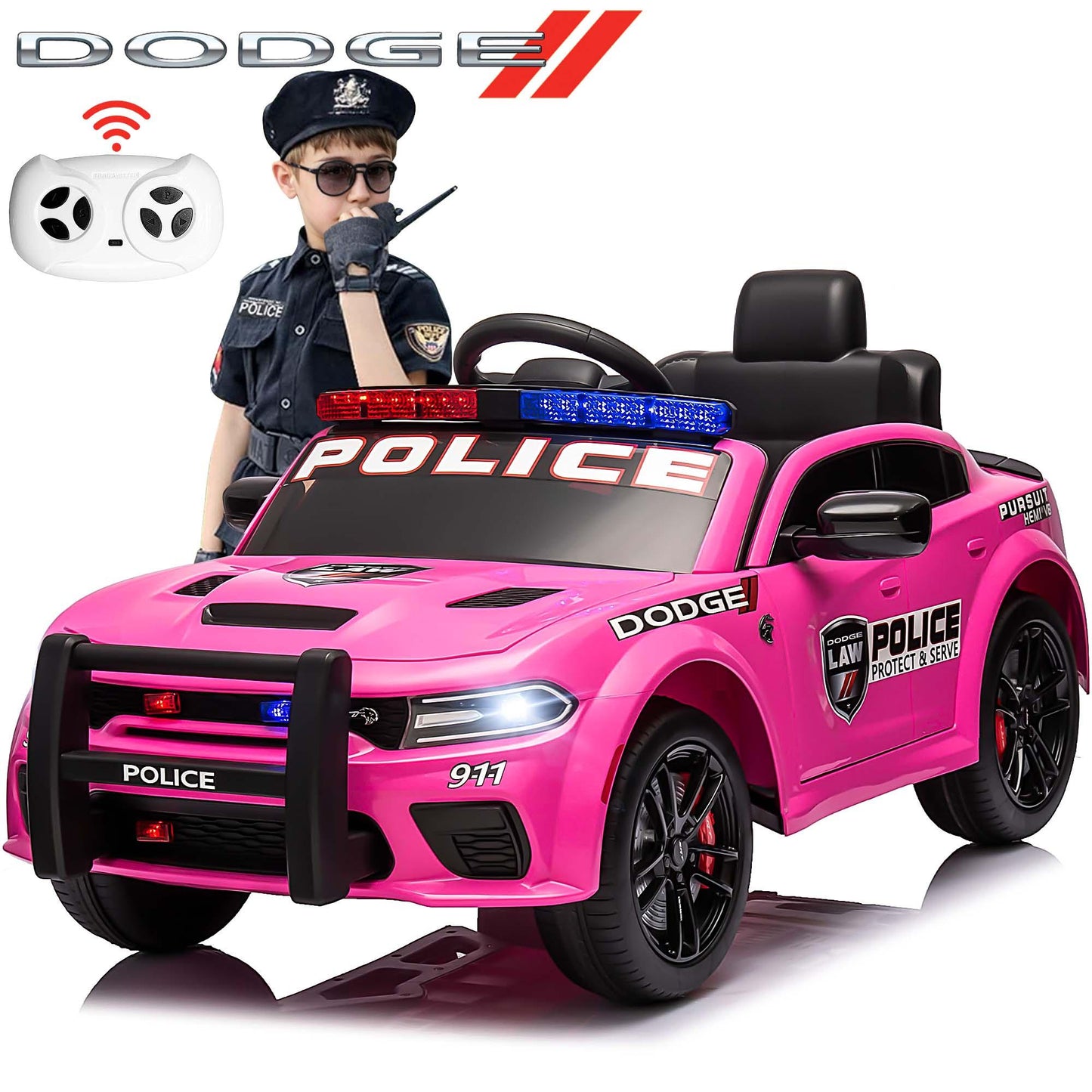 Dodge Charger 12V Ride on Police Cars, Battery Powered Ride on Toy Car with Remote Control for Boys Girls Gifts, Electric Car for Kids with Bluetooth, Music Player, LED Lights, 3 Speeds, Pink