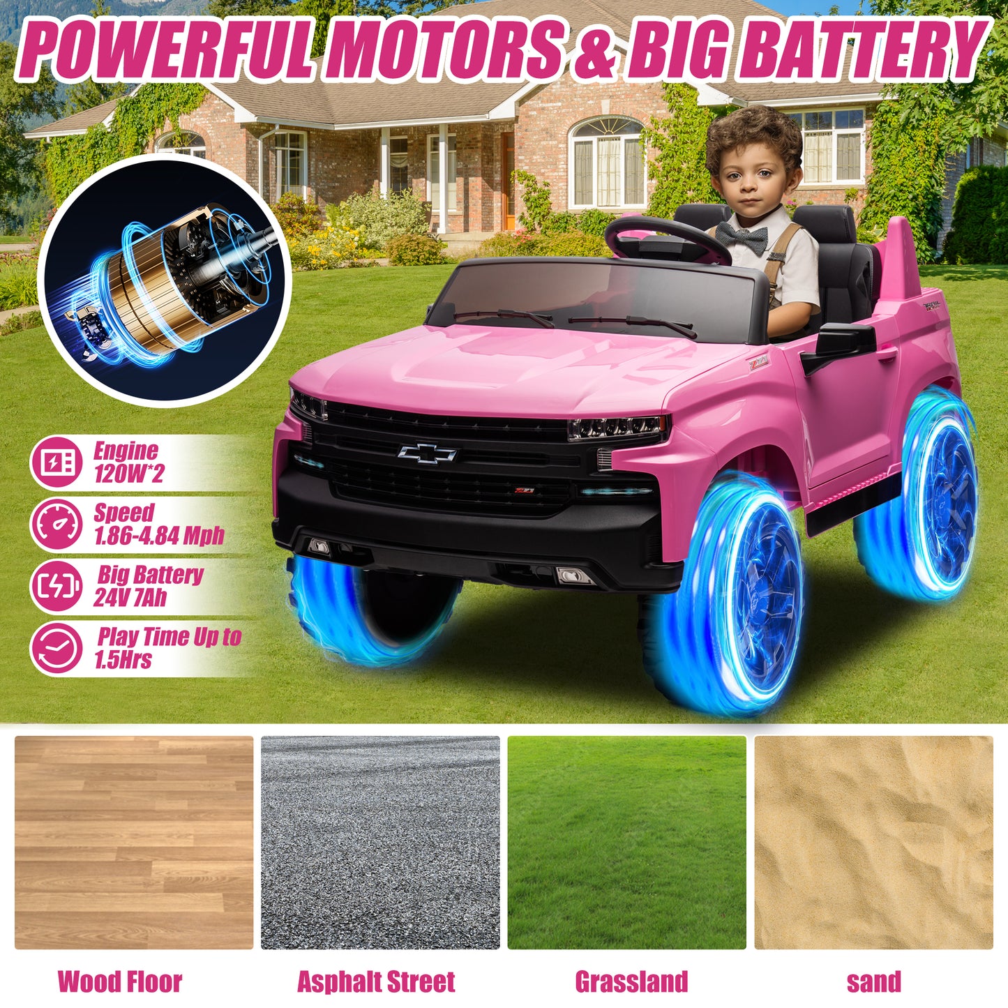 Chevrolet Silverado 24V Ride on Cars with Remote Control, 2 Seater 4 Wheels Kids Electric Cars with Bluetooth, LED Lights, Battery Powered Ride on Truck Toys for Boys Girls Christmas Gifts, Pink
