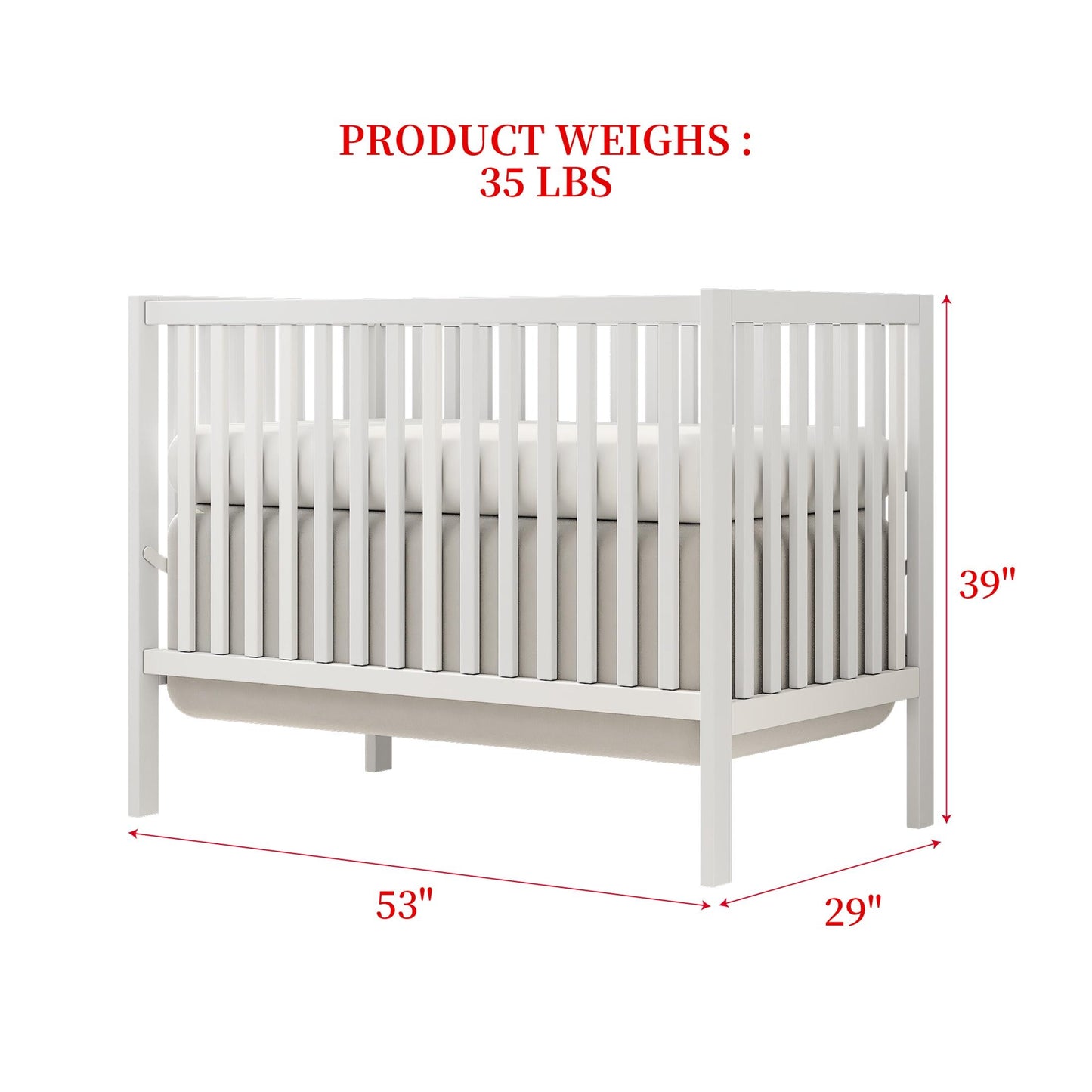 iRerts 5 In 1 Convertible Baby Crib, Wood Convertible Crib Toddler Bed with Wood Legs, Converts from Baby Crib to Toddler Bed, Fits Standard Full-Size Crib Mattress, Easy to Assemble, White