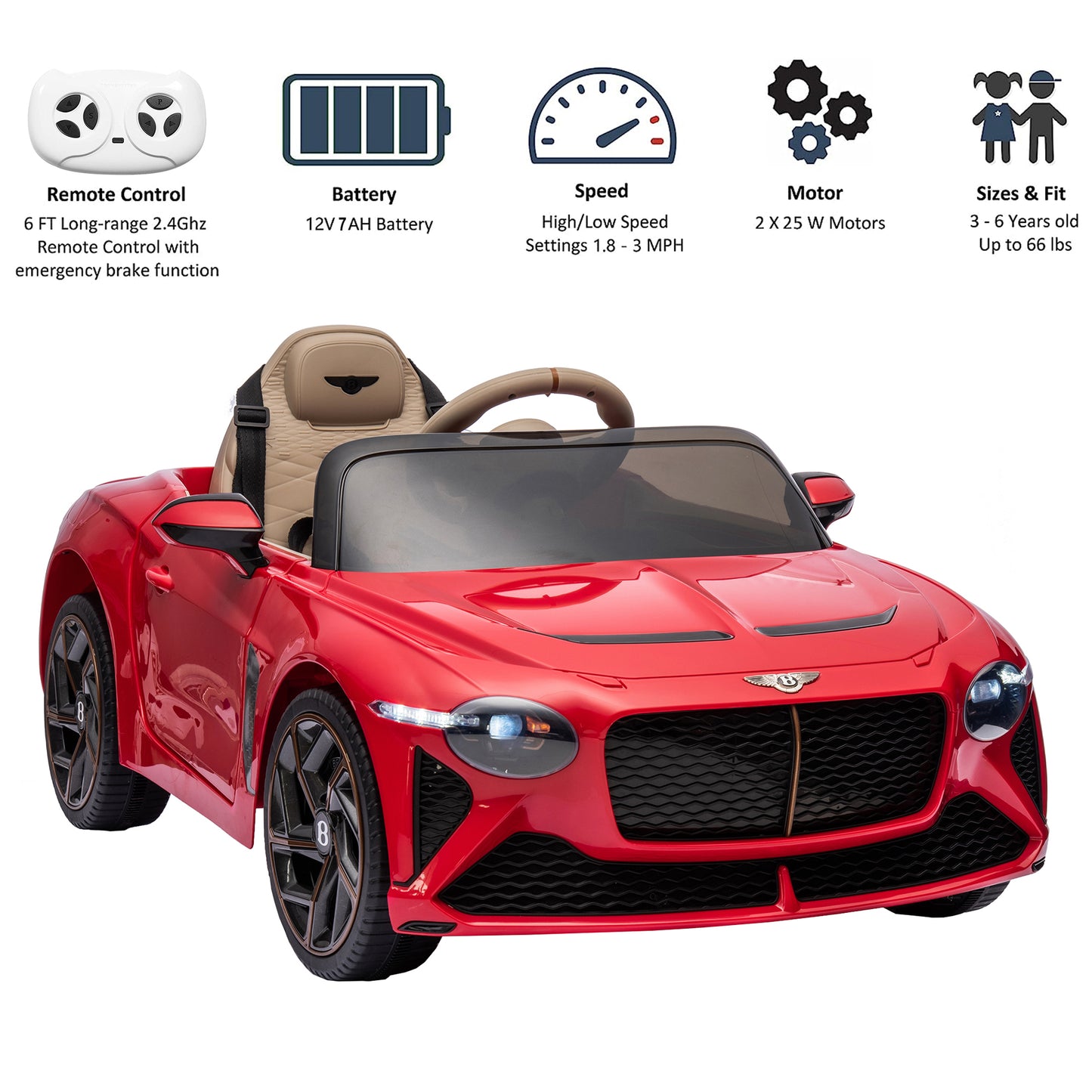 12V Ride On Car with Remote Control, Licensed Bentley Mulsanne Kids Electric Car with Bluetooth, Music, USB, MP3, LED Light, Battery Powered Electric Ride On Vehicle for Boy Girl Birthday Gift, Red
