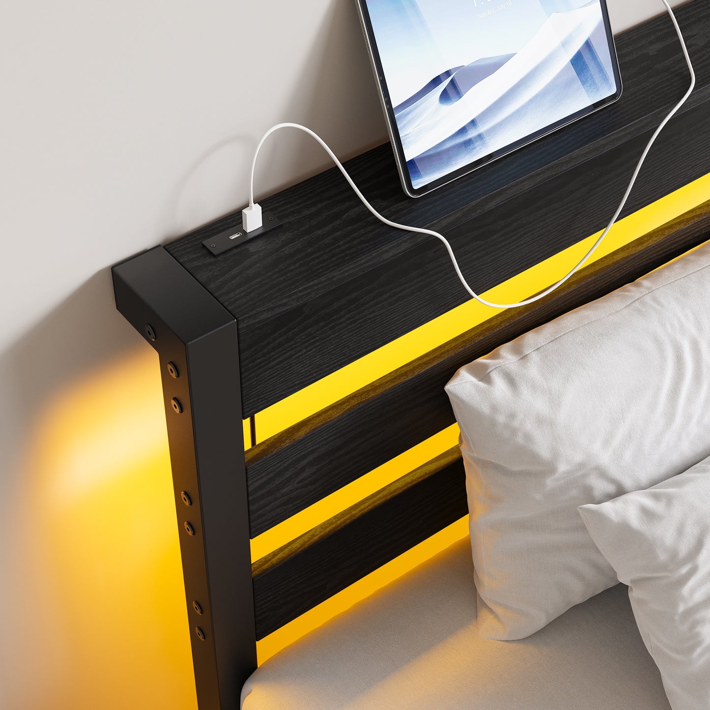 iRerts Twin Bed Frame with Headboard, Metal Platform Bed Frame Twin Size with USB Charging Station, LED Lights, Steel Slats, LED Bed Frame No Box Spring Needed for Bedroom Furniture, Black