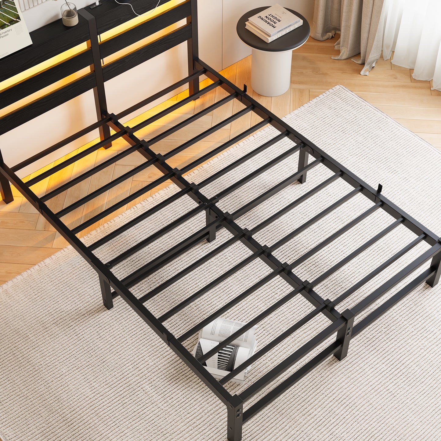 iRerts Full Bed Frame with Headboard, Metal Platform Bed Frame Full Size with USB Charging Station, LED Lights, Steel Slats, LED Bed Frame No Box Spring Needed for Bedroom Furniture, Black
