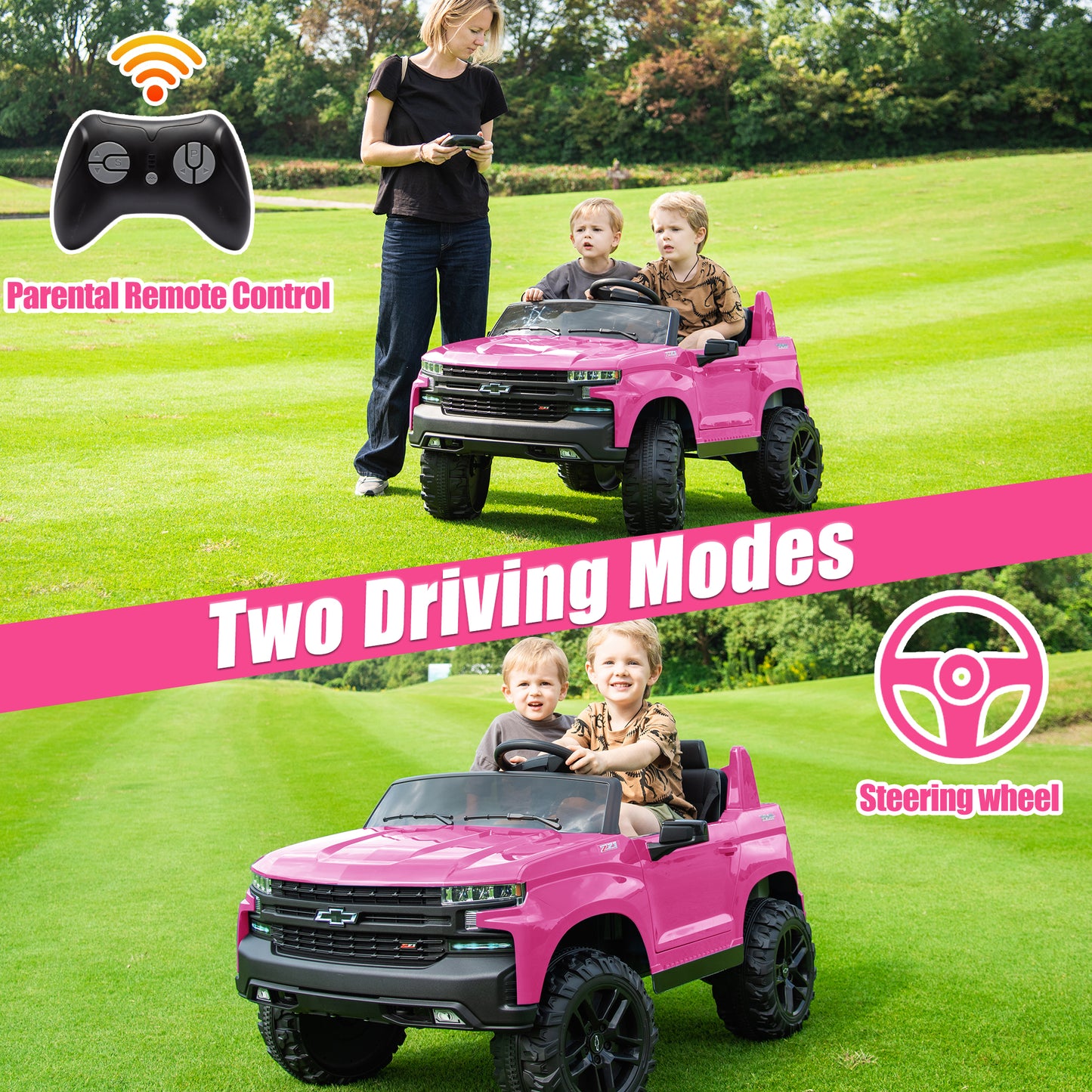 2 Seater 24V Ride on Cars with Remote Control, Licensed Chevrolet Silverado Kids Ride on Truck for Boys Girls Birthday Christmas Gifts, Battery Powered Kids Electric Cars with LED Lights, Music, Pink