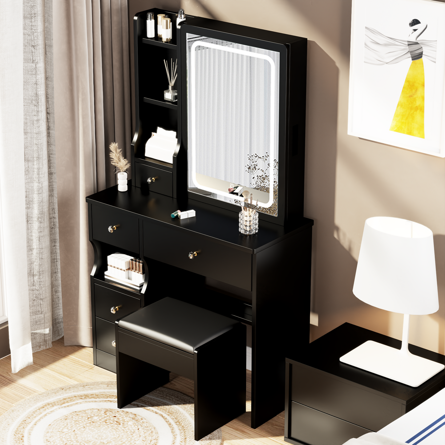 iRerts Vanity Desk with Chair, Makeup Vanity Set with LED Mirror, 3 Lighting Modes Brightness Adjustable, Shelf and Drawers, Makeup Vanity Desk Dressing Table Set for Bedroom Small Space, Black