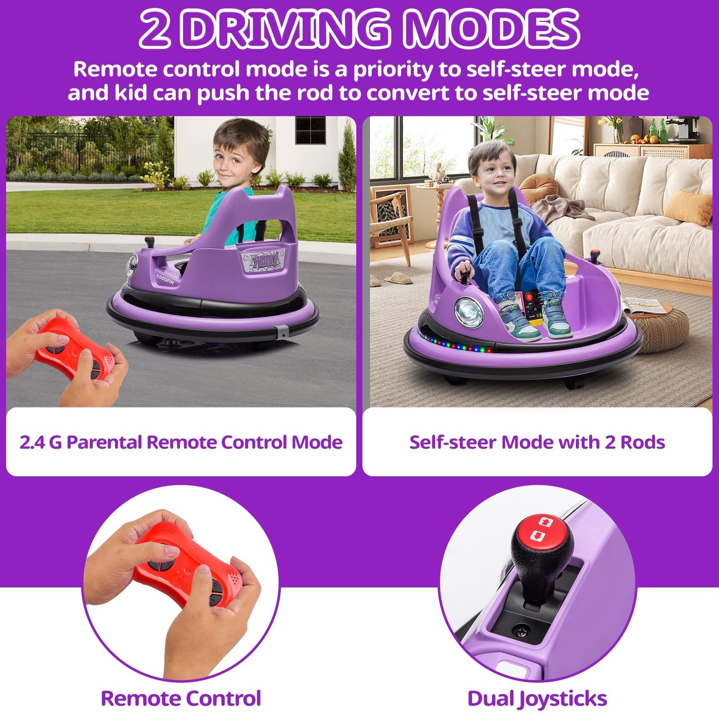 iRerts 12V Bumper Cars for Kids, Bumper Car Ride on with Remote Control, Battery Powered Kids Ride on Toys for 2-5 Year Old Boys Girls, Kids Electric Cars with Bluetooth, Music, LED Light, Purple