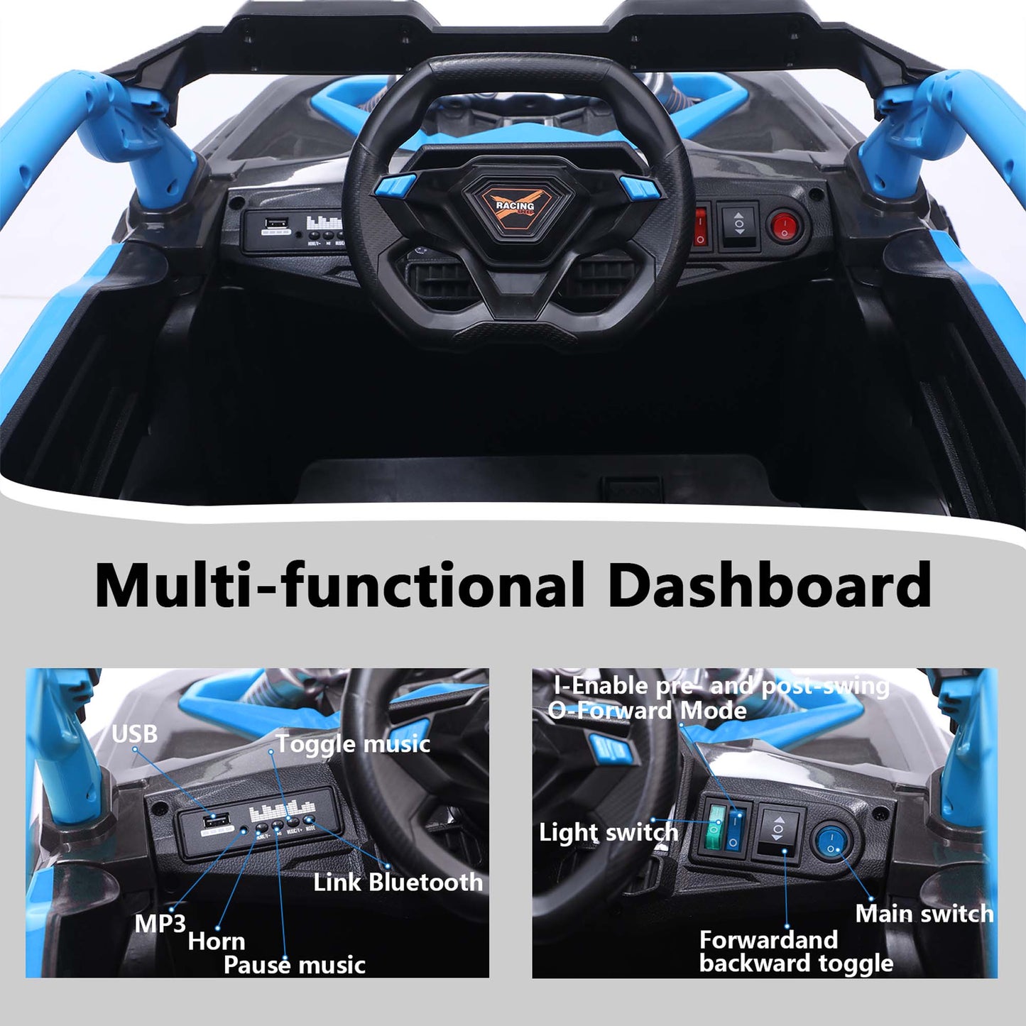 iRerts 24V Ride on Toys with Parents Remote Control, Ride on UTV Car with Bluetooth, MP3 Port, Music, LED Lights, 4 Shock Absorbers, Battery Powered Electric Car for Kids Ages 2-6, Blue